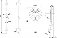 NOIR sprchový set s tyčí 65 cm, sprchová hlavice 3 trysky, 125 mm, hadice 150 cm, černá